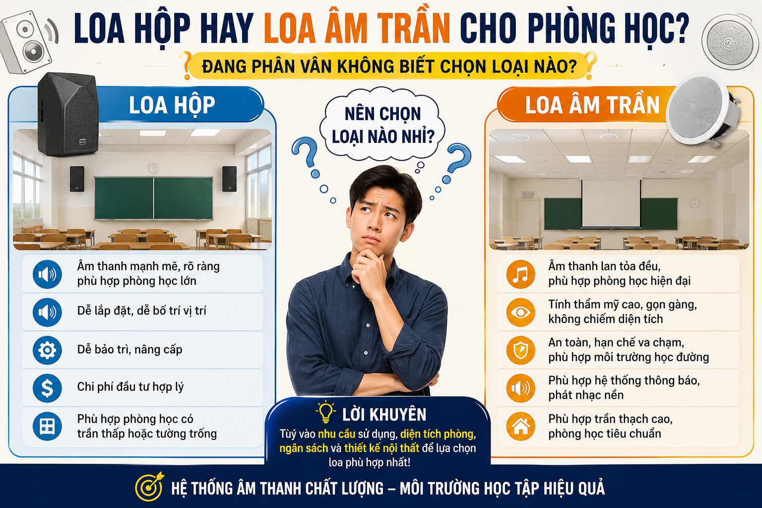 Loa Hộp Hay Loa Âm Trần Cho Phòng Học? Chỉ Cần Nhìn Kết Cấu Trần Và Tường Là Biết Nên Chọn Loại Nào